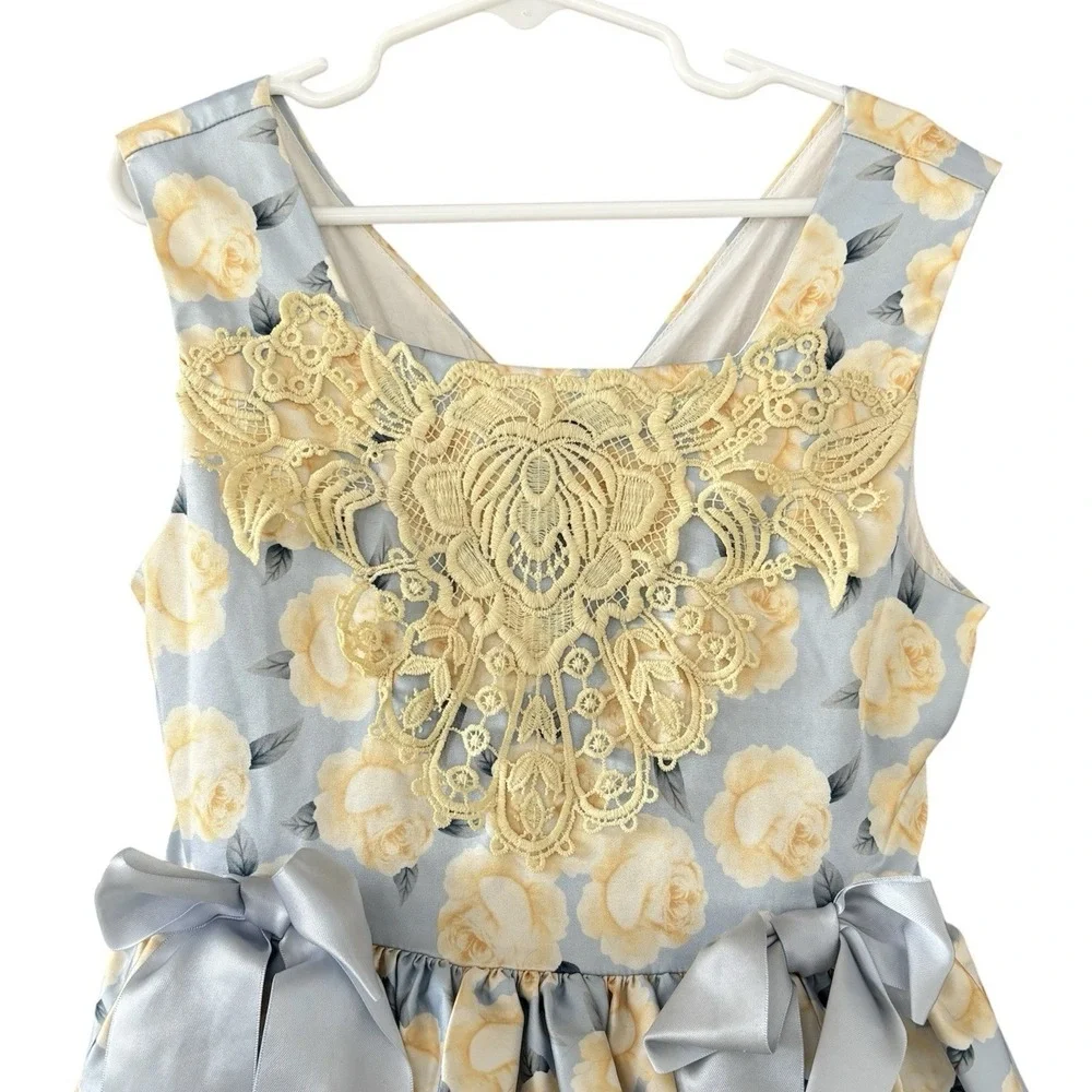 Pettigirl Spring Floral Dress Girls 8 Blue Yellow Lace Mixed Fabric Easter - Picture 2 of 10